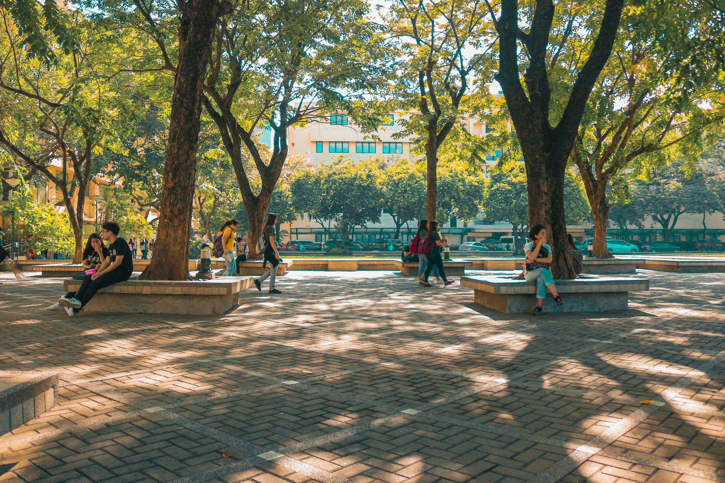 Students sit under tress on the wide bricked patio outside the academics buildings.
