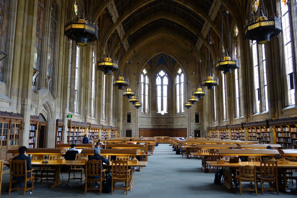 Students sit at rows of tables in a large cathedral-style room in the library. The room is flanked by tall bookshelves.